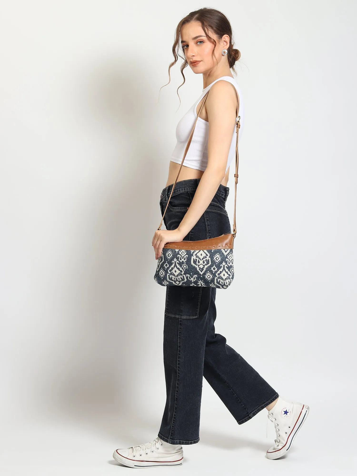 AVA - LEATHER & PRINTED FABRIC SLING  BAG