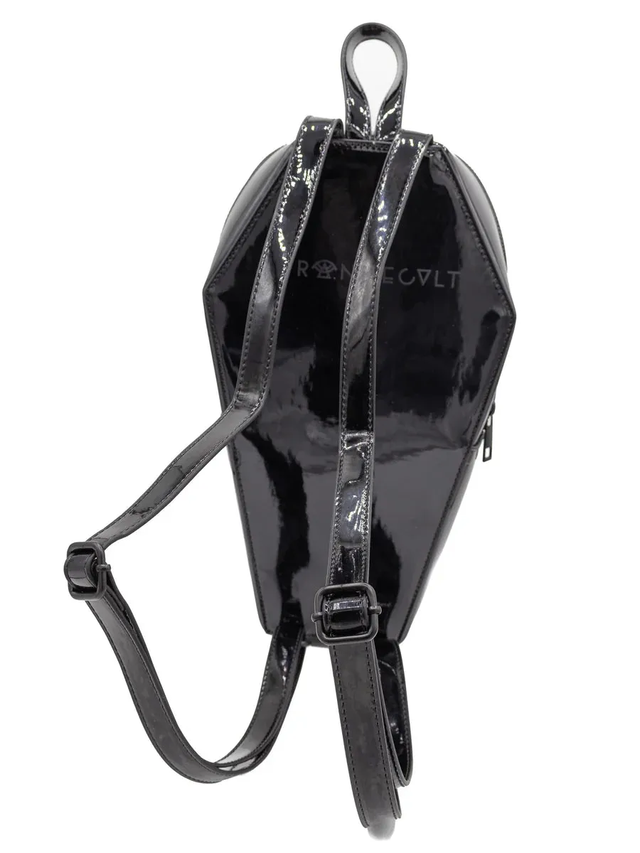 Black Haunt Bat Coffin Patent Leather Backpack