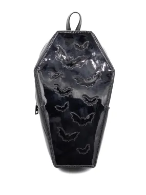 Black Haunt Bat Coffin Patent Leather Backpack