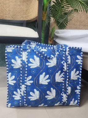 Blue & White Jute Handblock Print Tote Bag With Concealed Zip