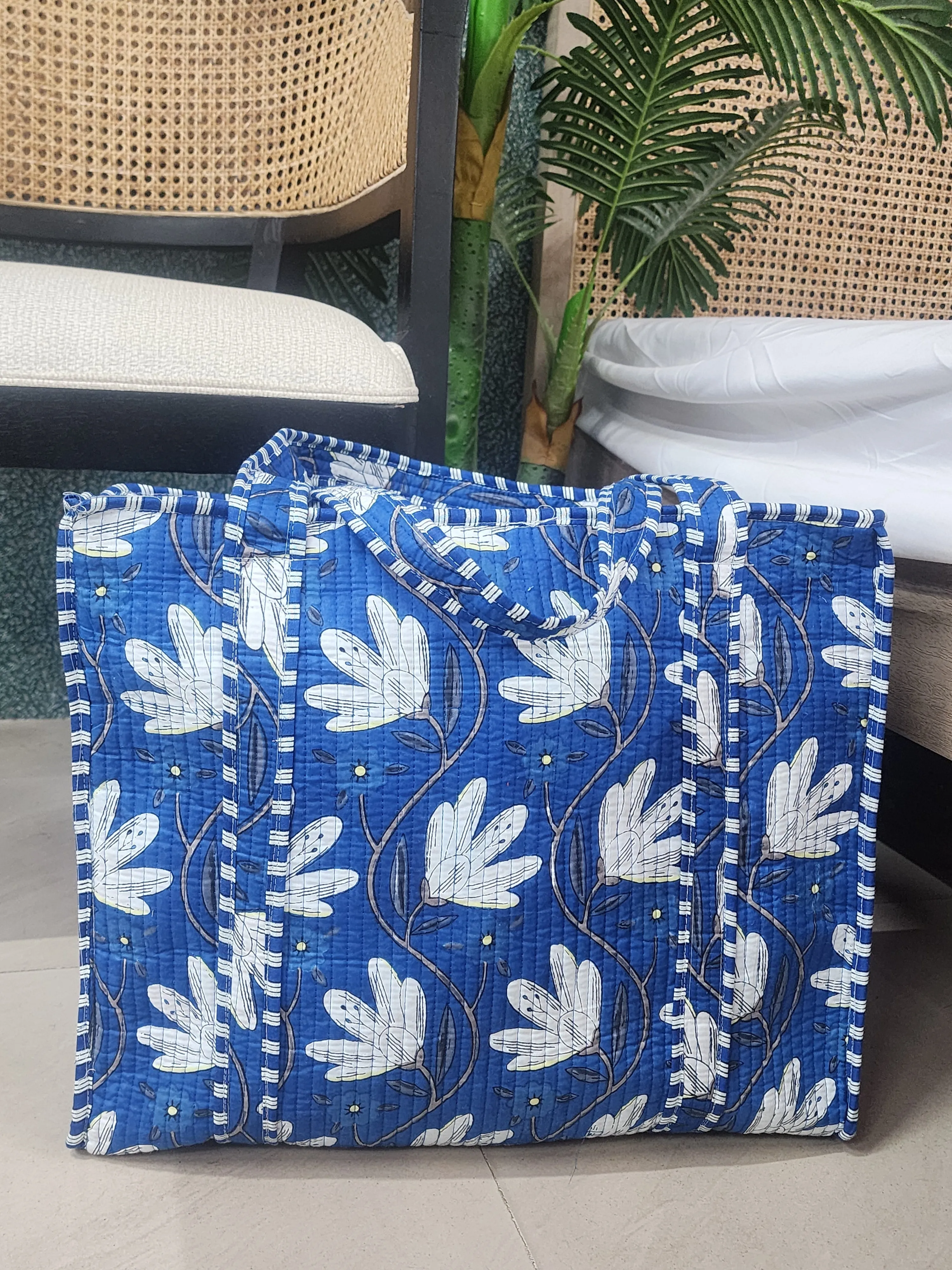 Blue & White Jute Handblock Print Tote Bag With Concealed Zip