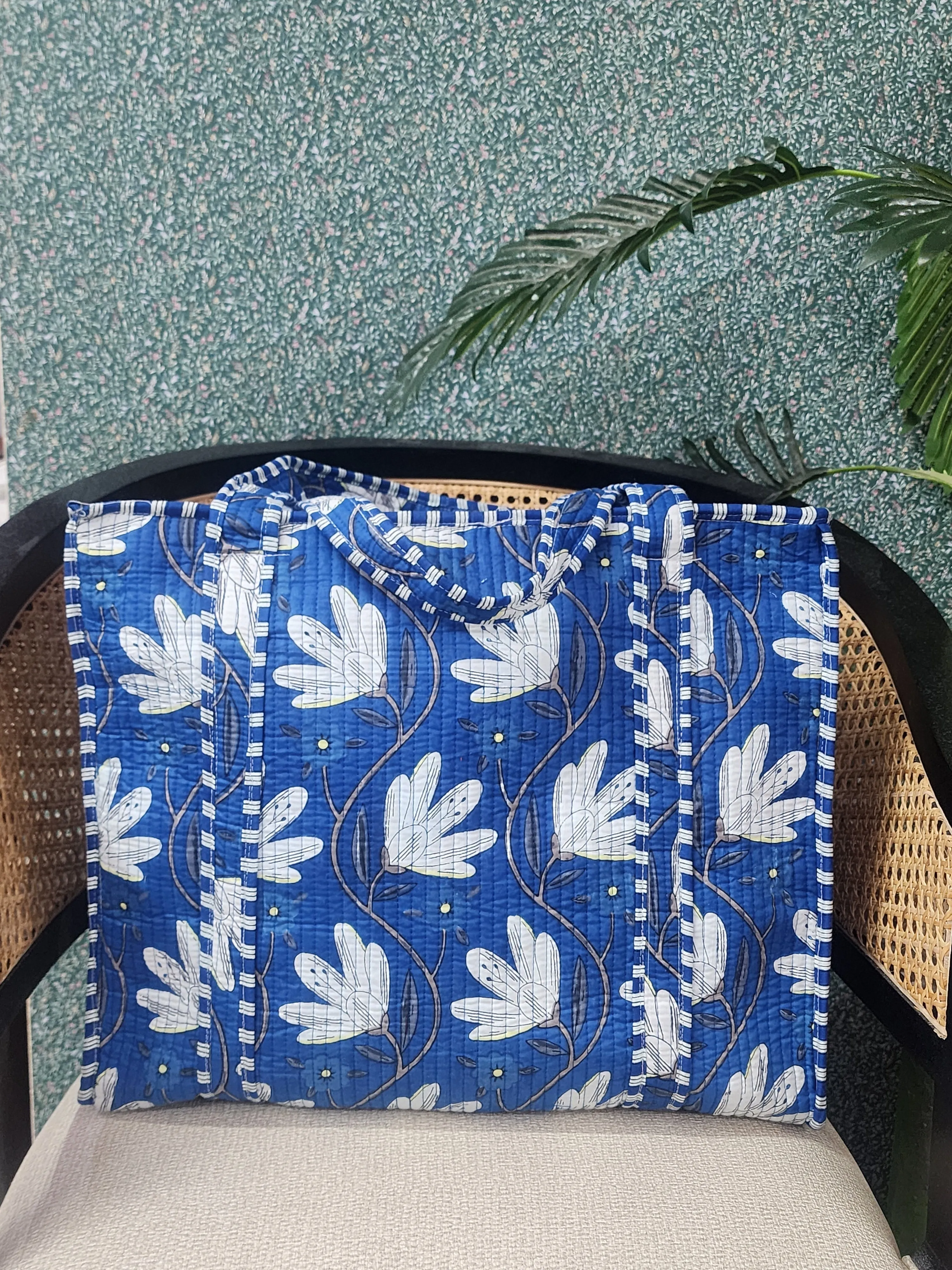 Blue & White Jute Handblock Print Tote Bag With Concealed Zip