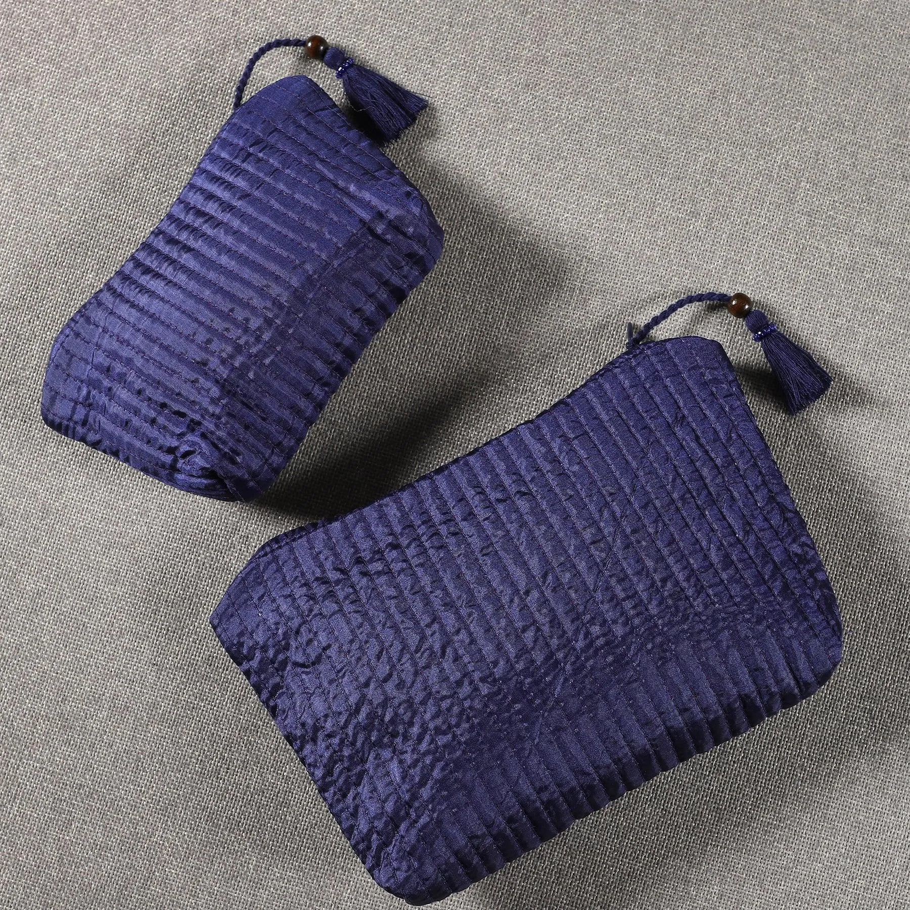 Blue Quilted Silk Trinket Pouch (Set of 2)