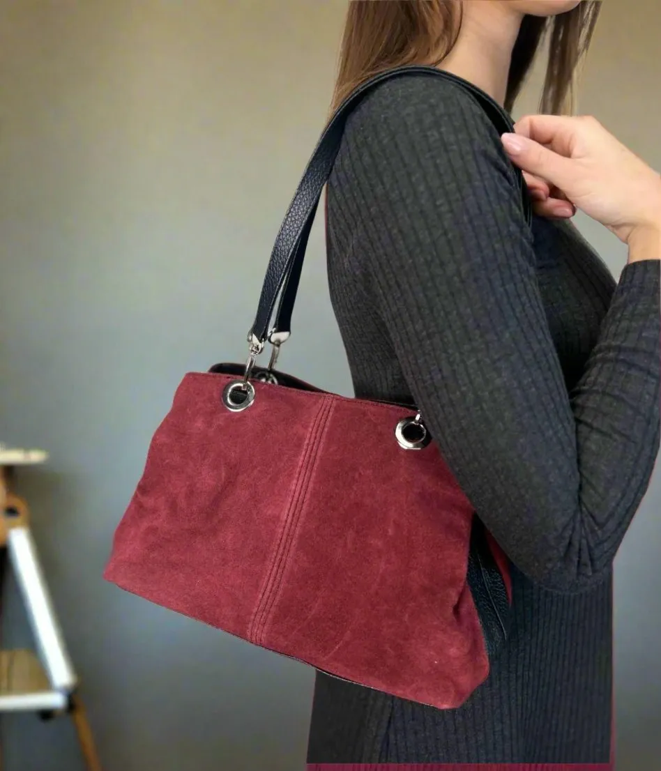 Burgundy Suede Contrast Handbag