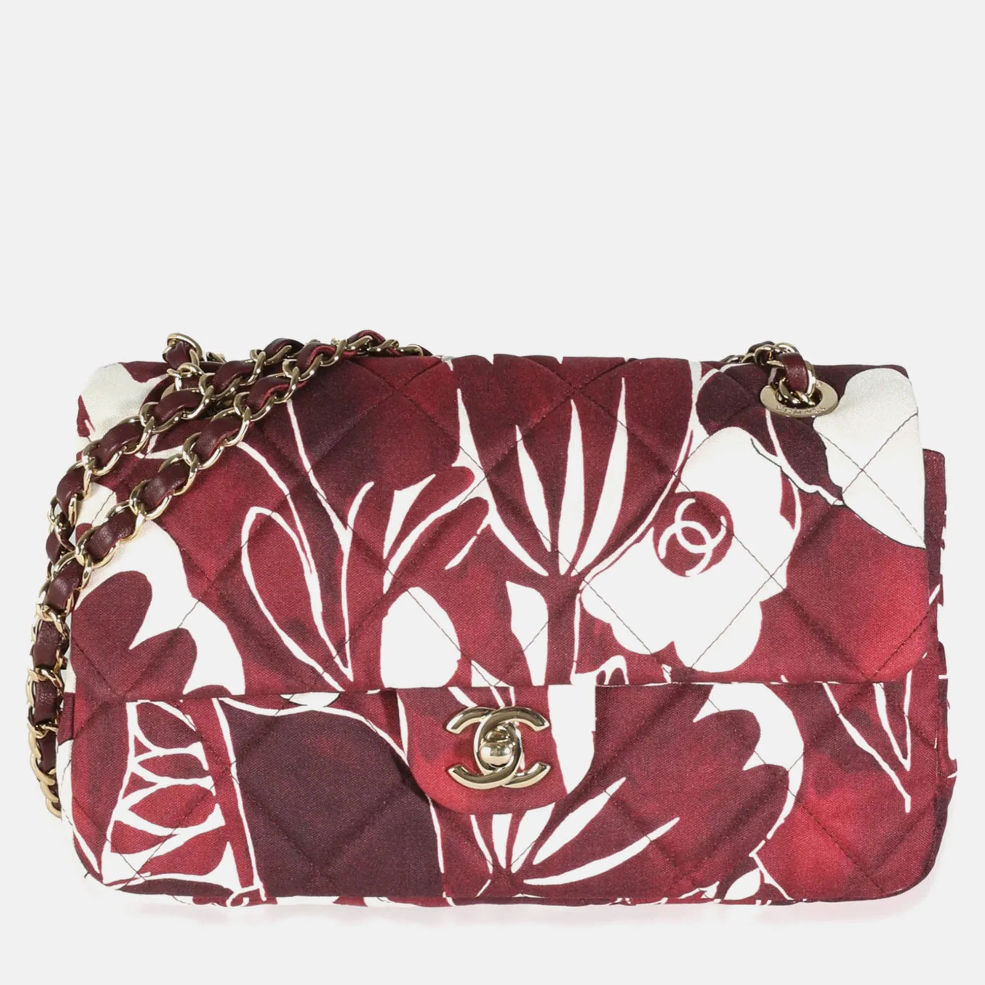 Burgundy/White Floral Printed Silk CC Medium Single Flap Bag