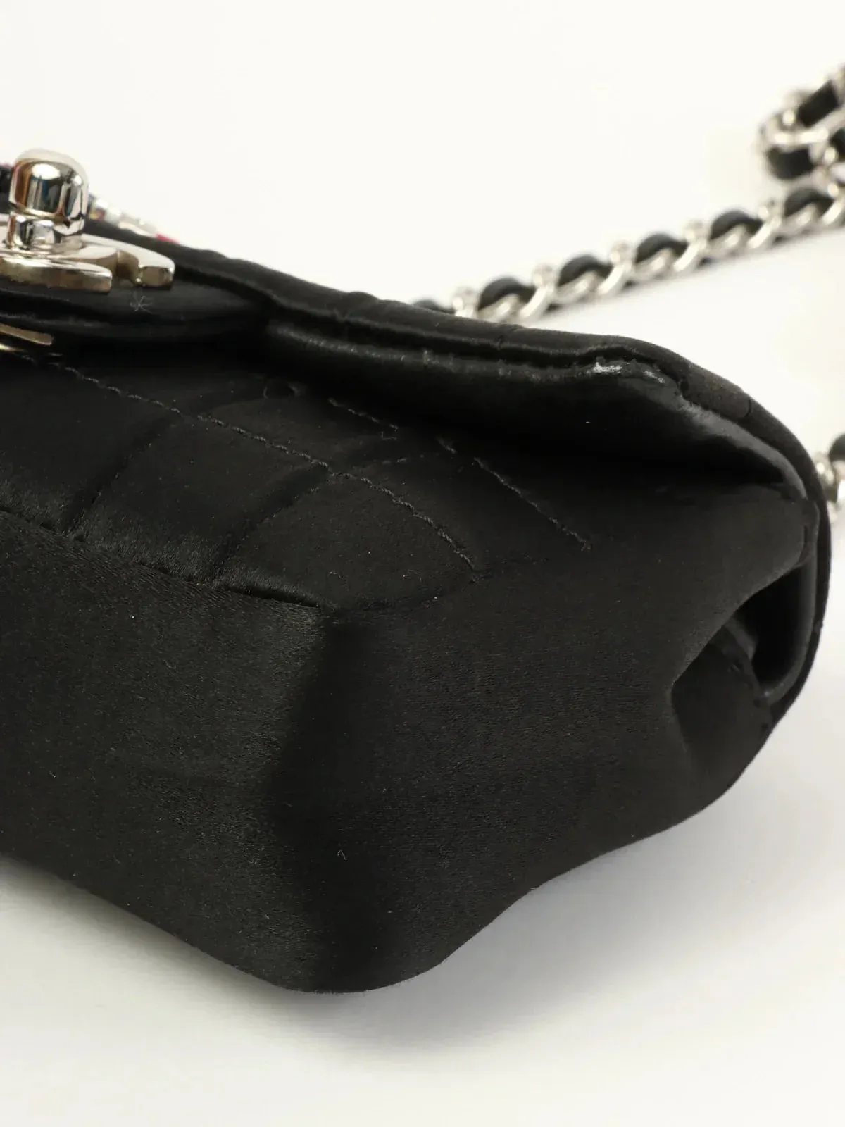 CHANEL Around 2004 Made Silk Satin Chocolate Bar Rouge Charm Chain Bag Mini Black