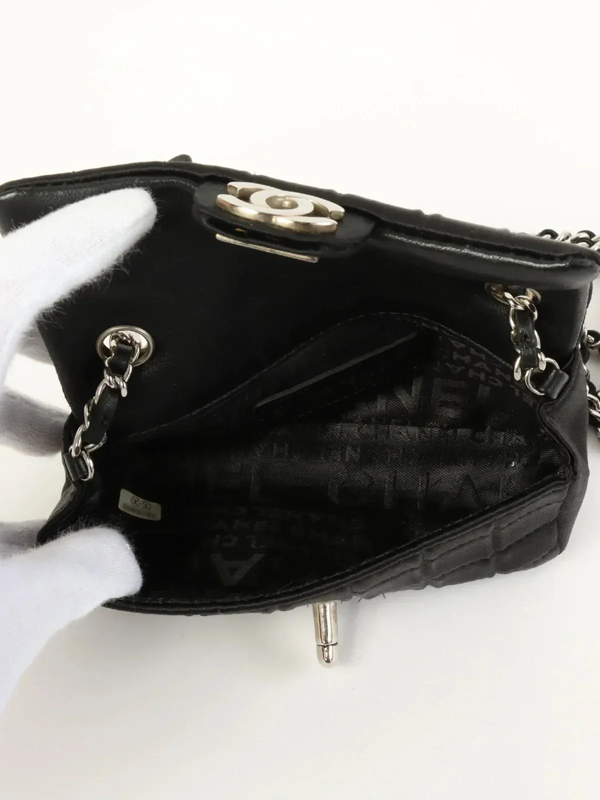 CHANEL Around 2004 Made Silk Satin Chocolate Bar Rouge Charm Chain Bag Mini Black