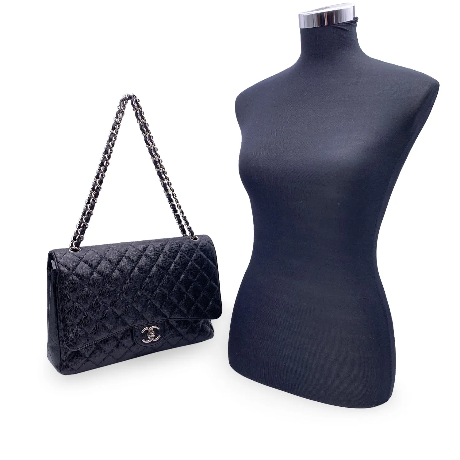 CHANEL Black Quilted Caviar Maxi Timeless Classic 2.55 Double Flap Bag