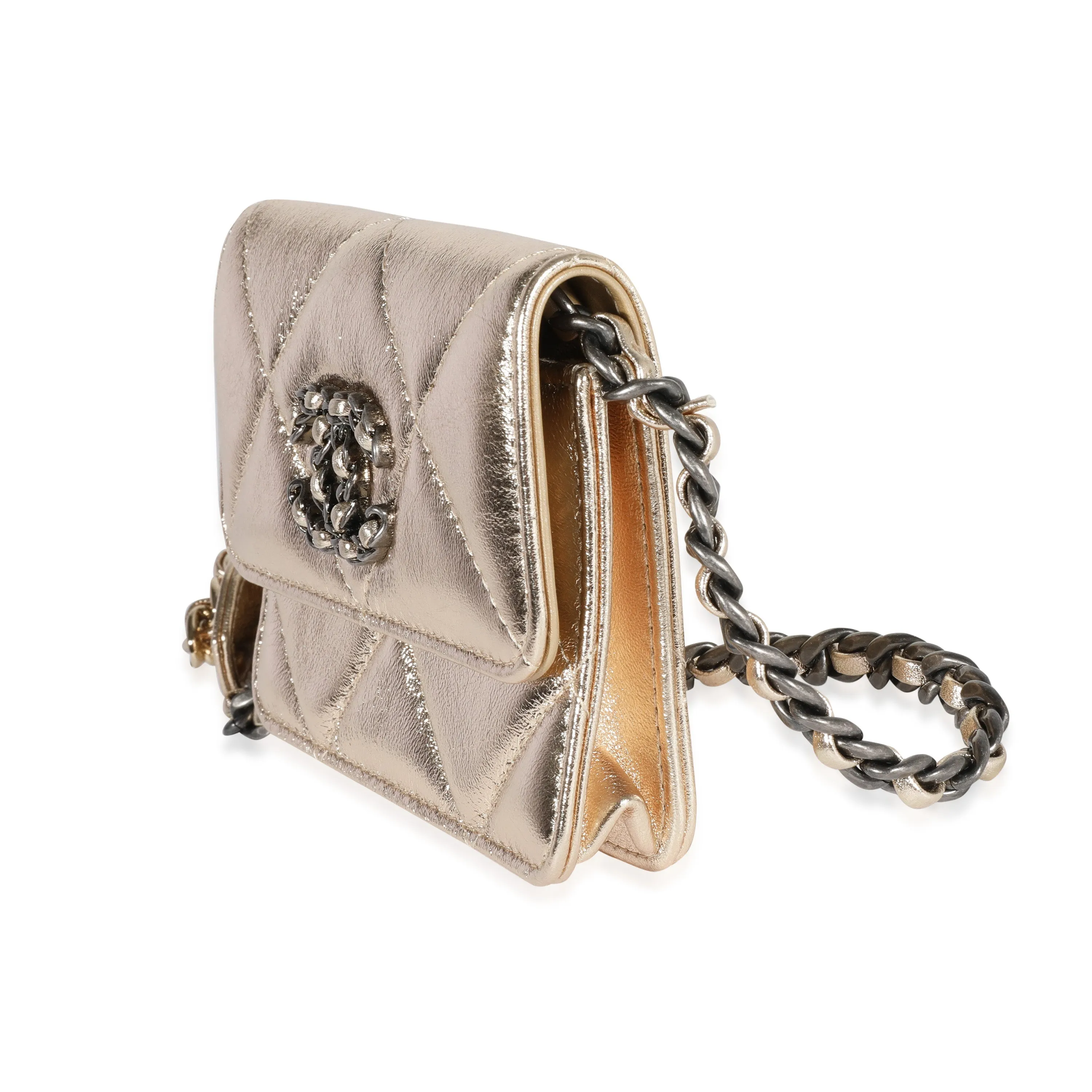 CHANEL Gold Quilted Lambskin  Coin Purse With Chain