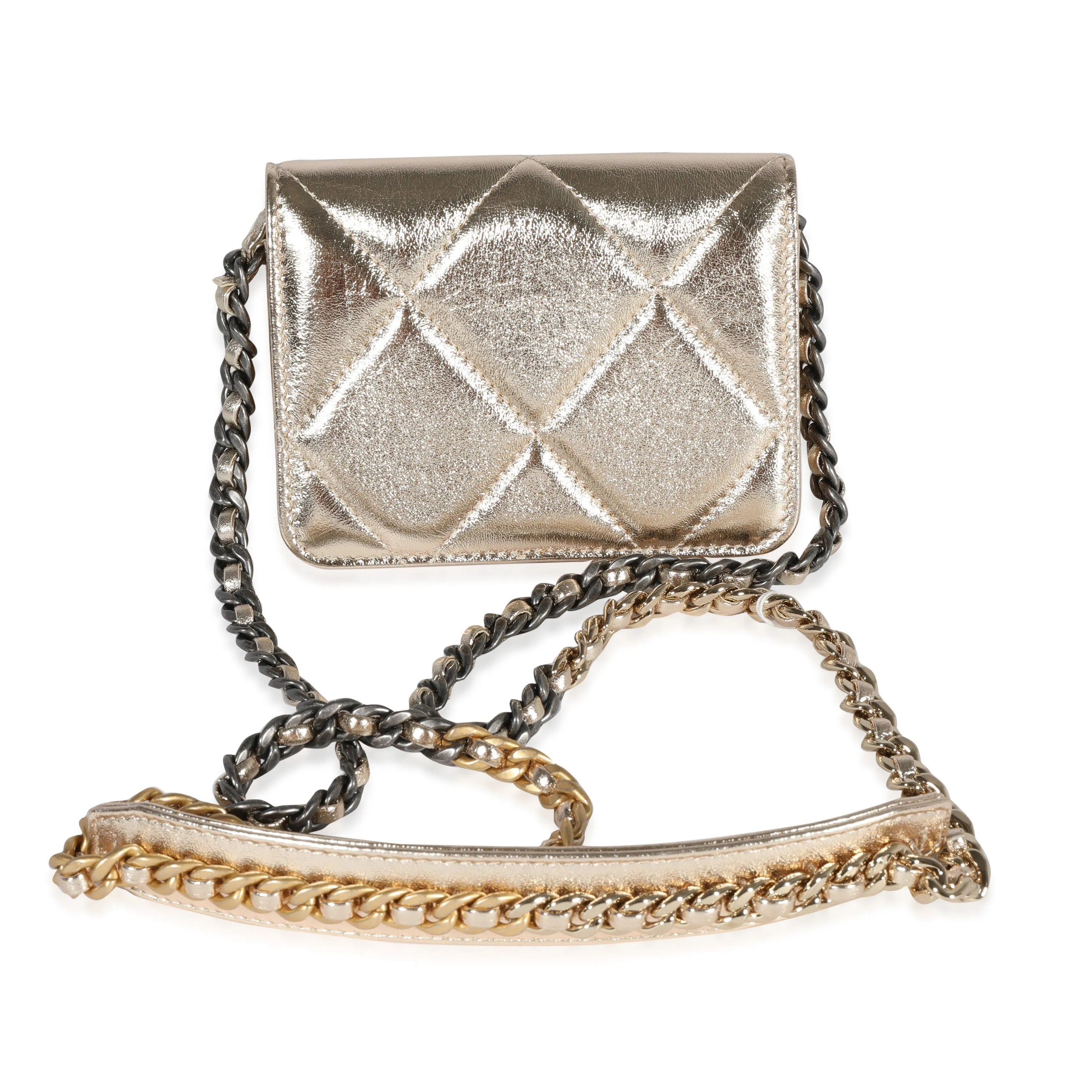 CHANEL Gold Quilted Lambskin  Coin Purse With Chain