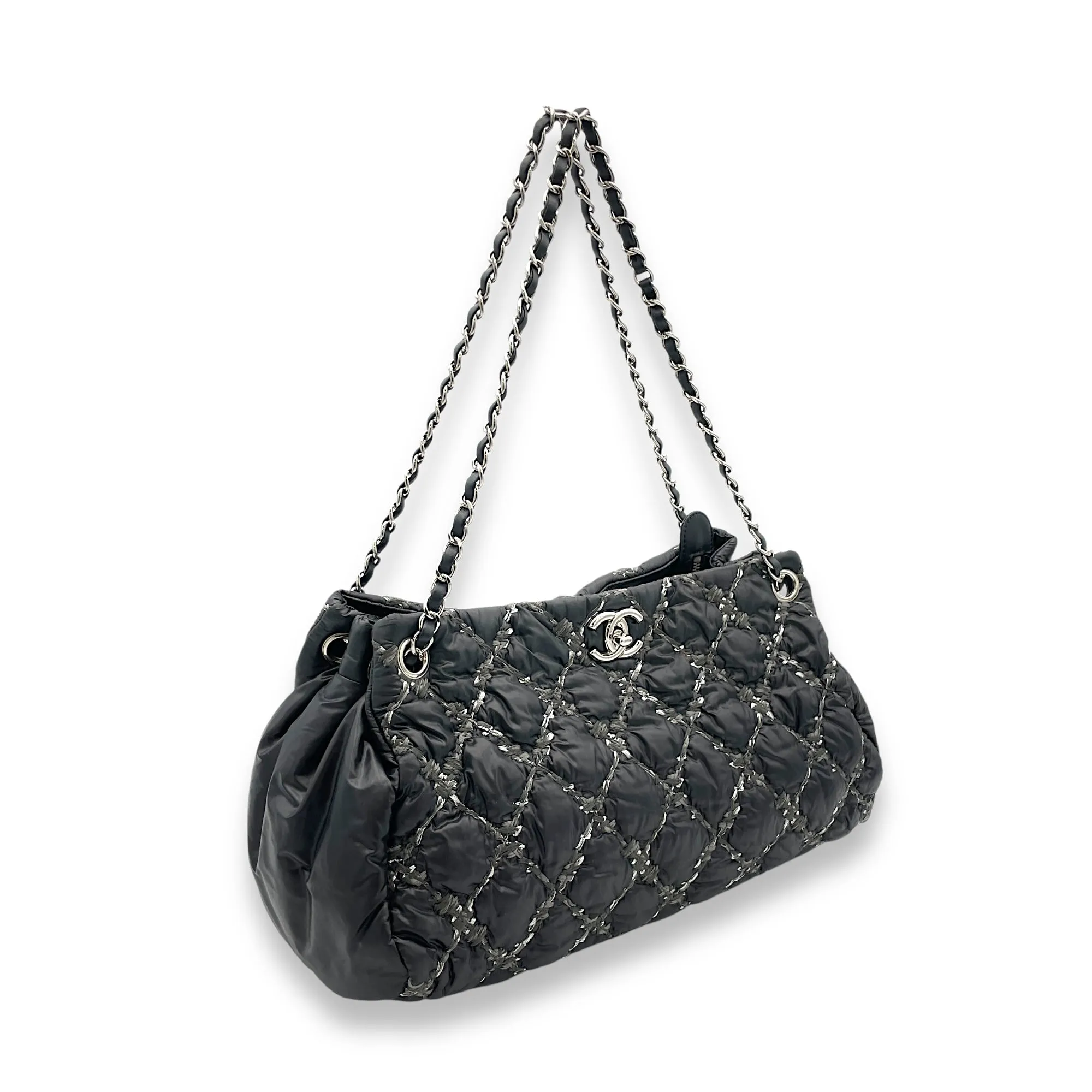 Chanel  Nylon Quilted Tweed Stitch Bubble Black Shoulder Bag in Nylon, Silver hardware