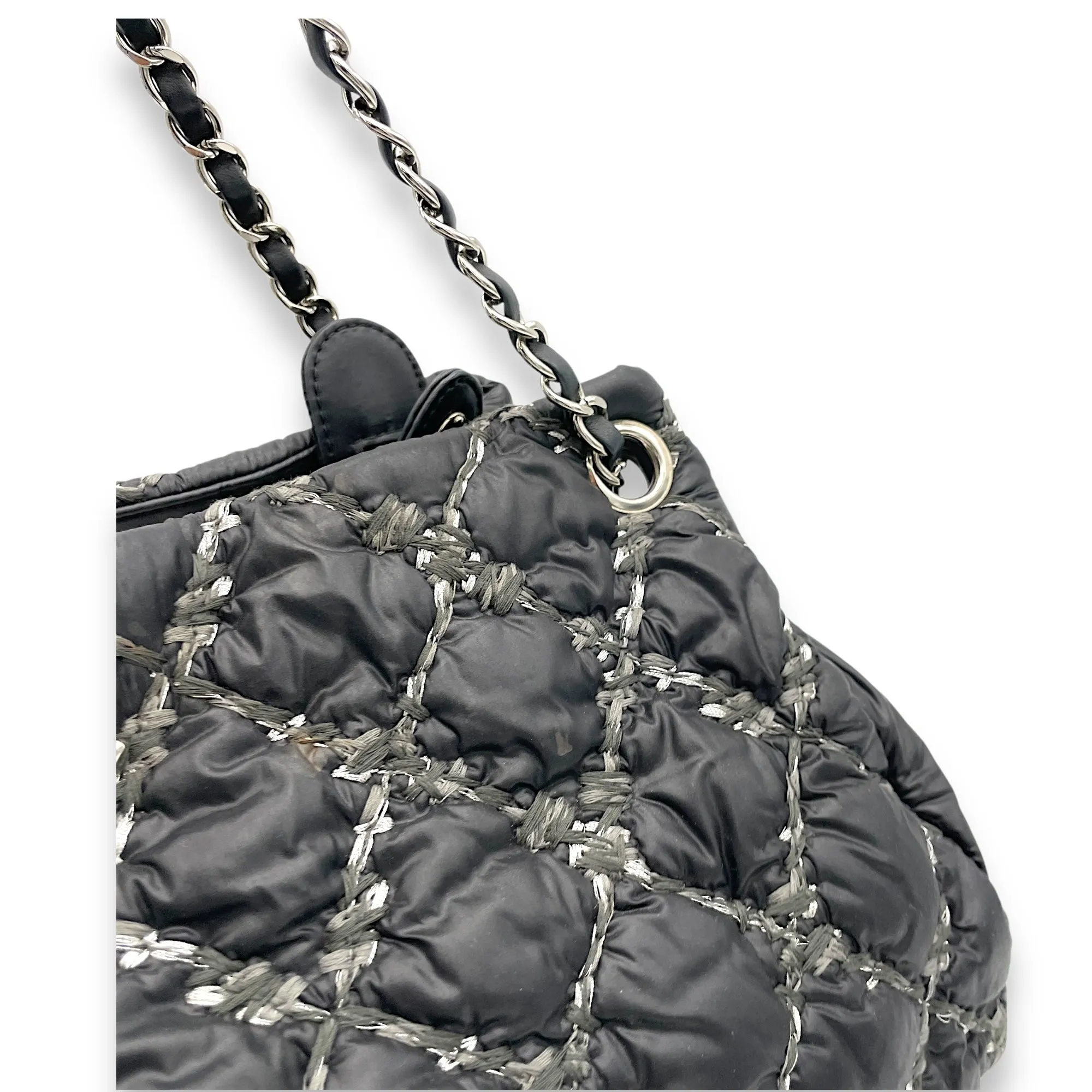 Chanel  Nylon Quilted Tweed Stitch Bubble Black Shoulder Bag in Nylon, Silver hardware