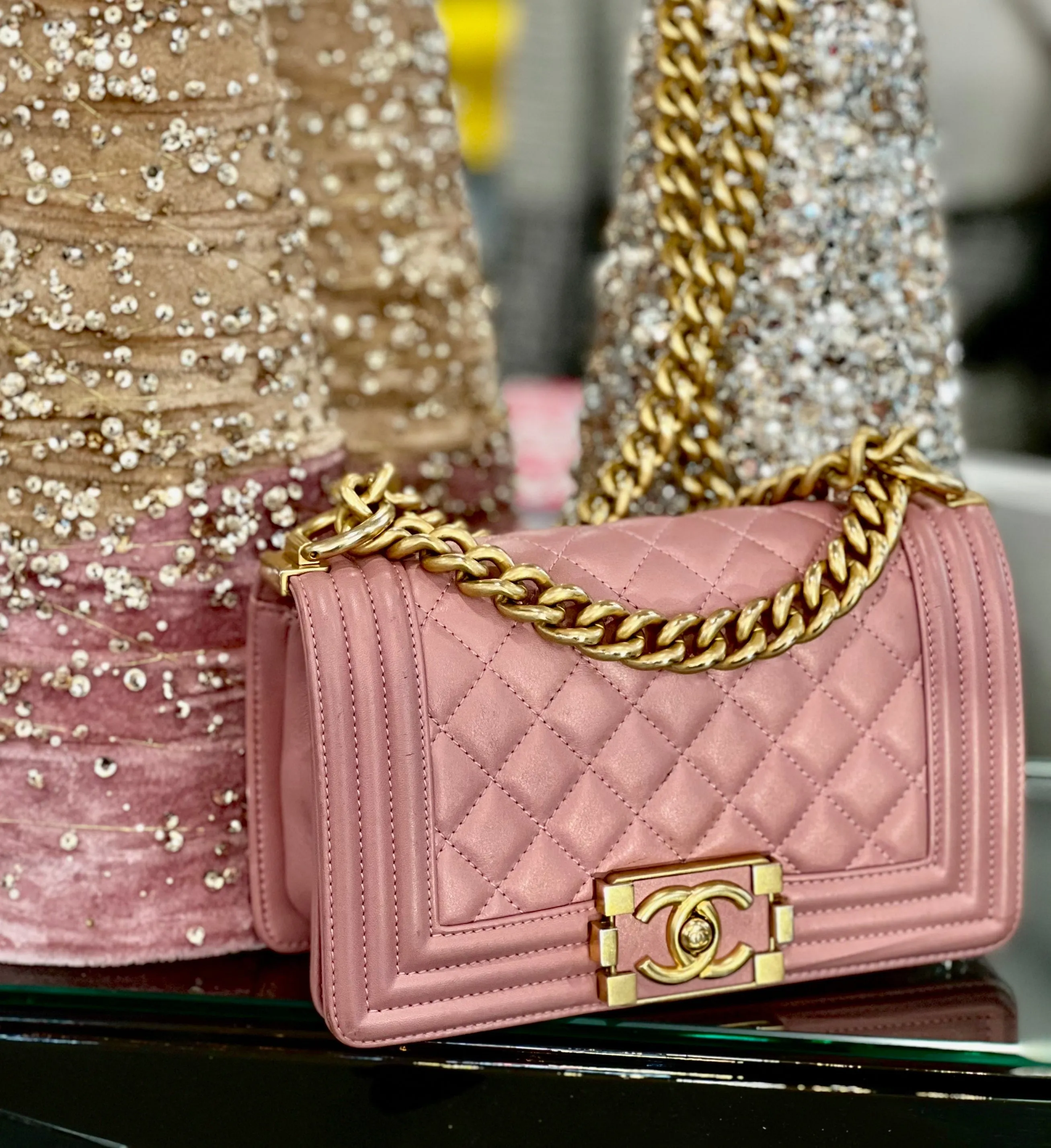 CHANEL QUILTED METALLIC PINK CALFSKIN SMALL BOY FLAP BAG