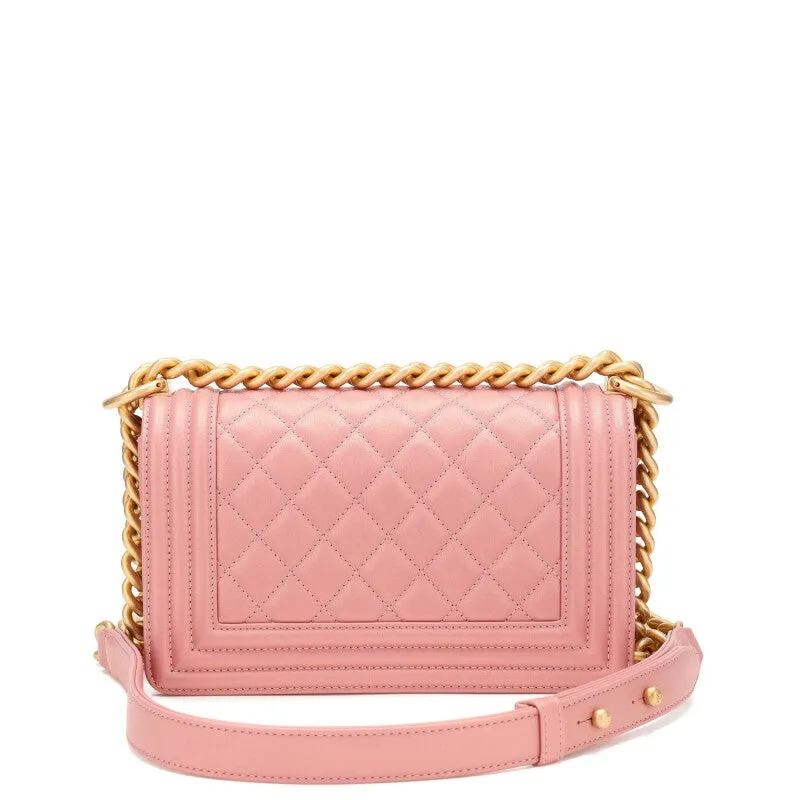 CHANEL QUILTED METALLIC PINK CALFSKIN SMALL BOY FLAP BAG