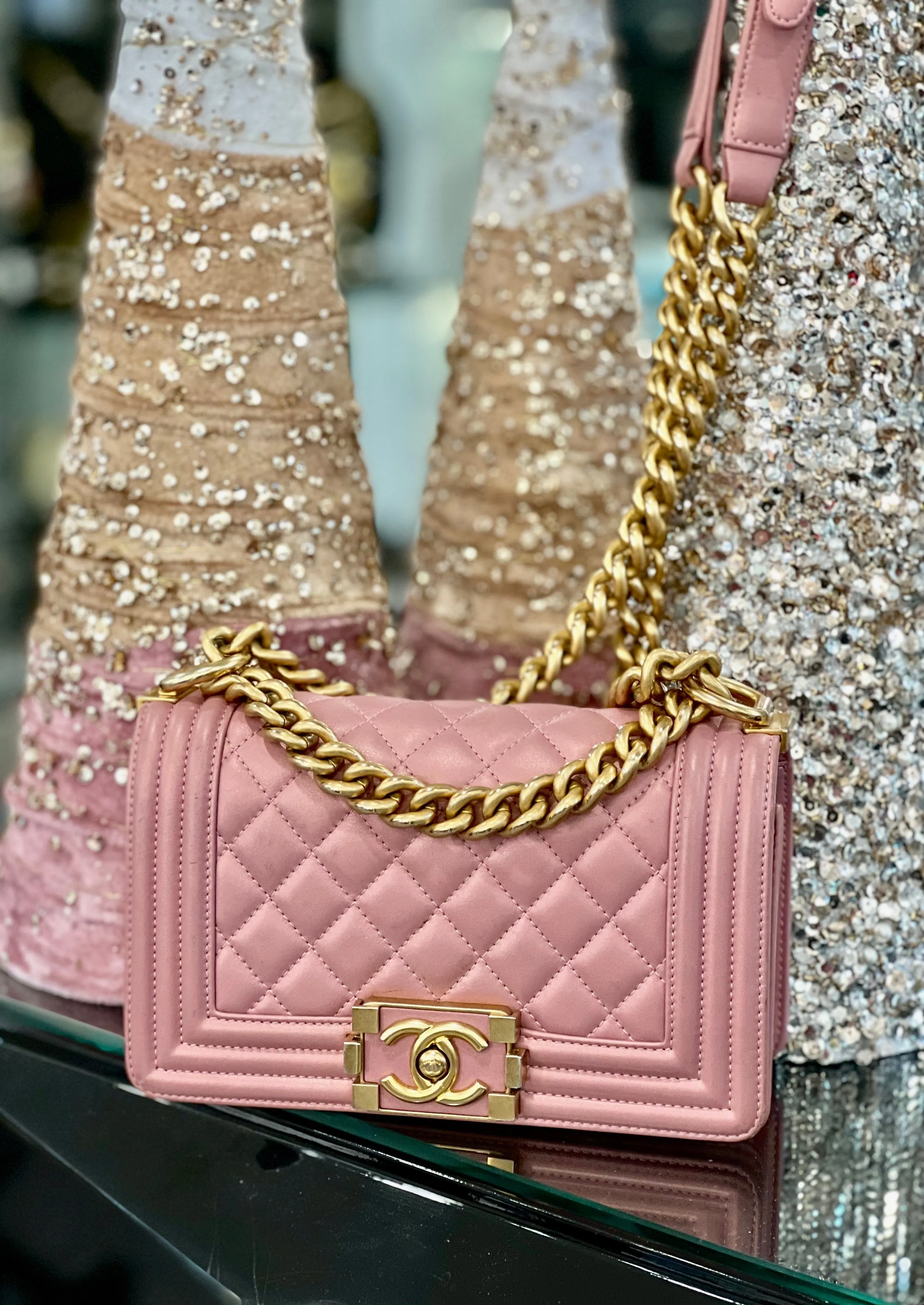 CHANEL QUILTED METALLIC PINK CALFSKIN SMALL BOY FLAP BAG