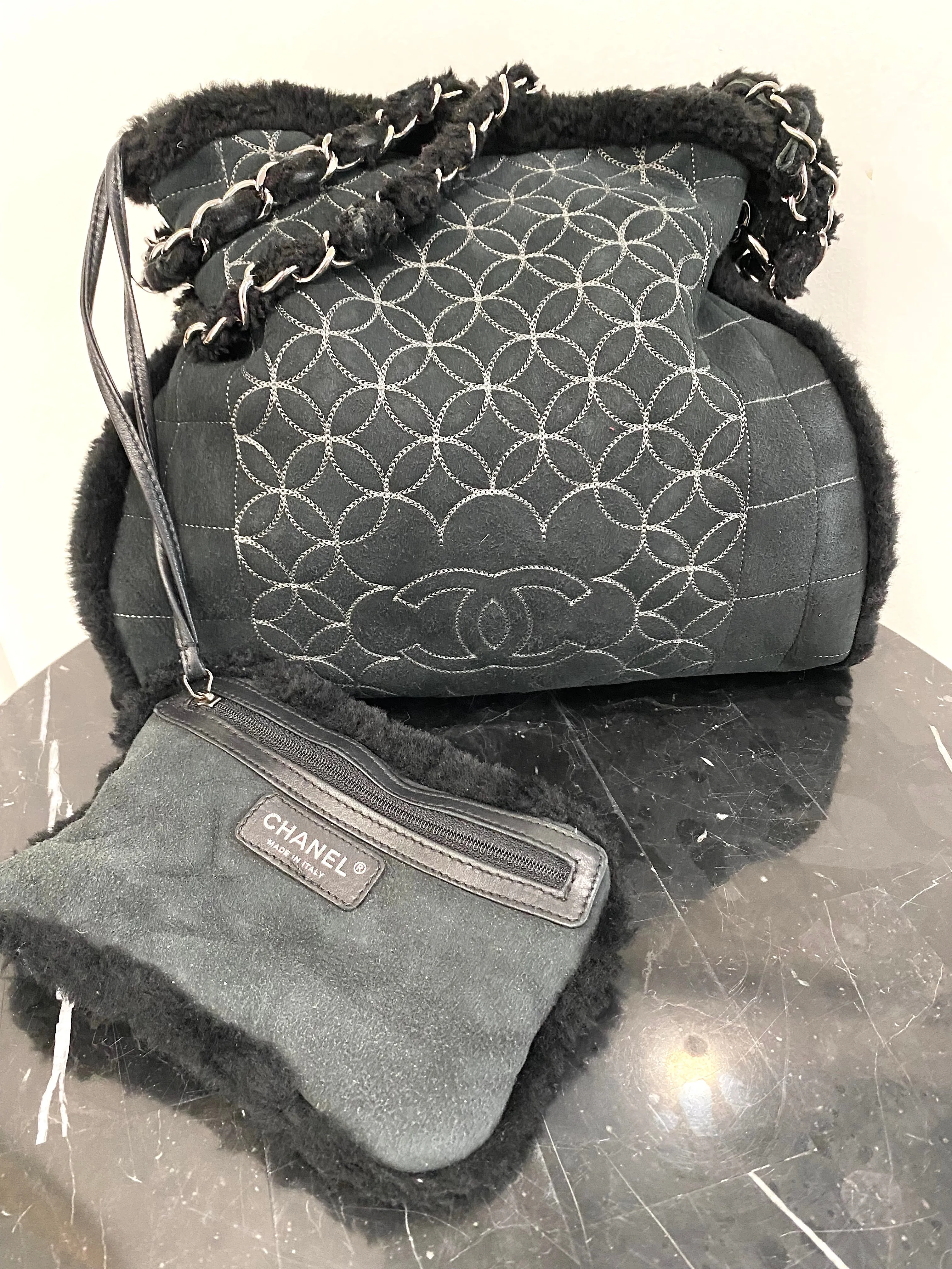 CHANEL SQUARE STITCH QUILTED SHEARLING TOTE BAG