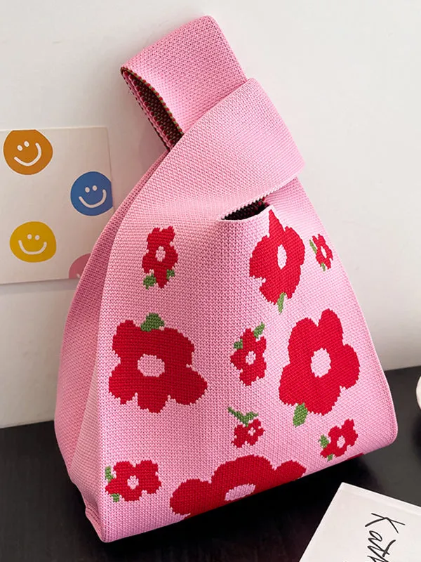 Contrast Color Floral Printed Woven Handbags Bags