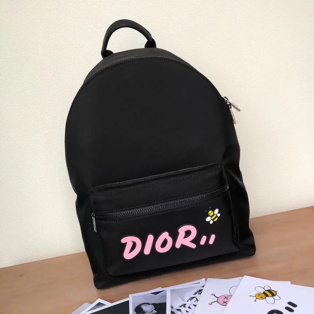 Dior X Kaws Black Nylon Backpack With Pink Dior logo