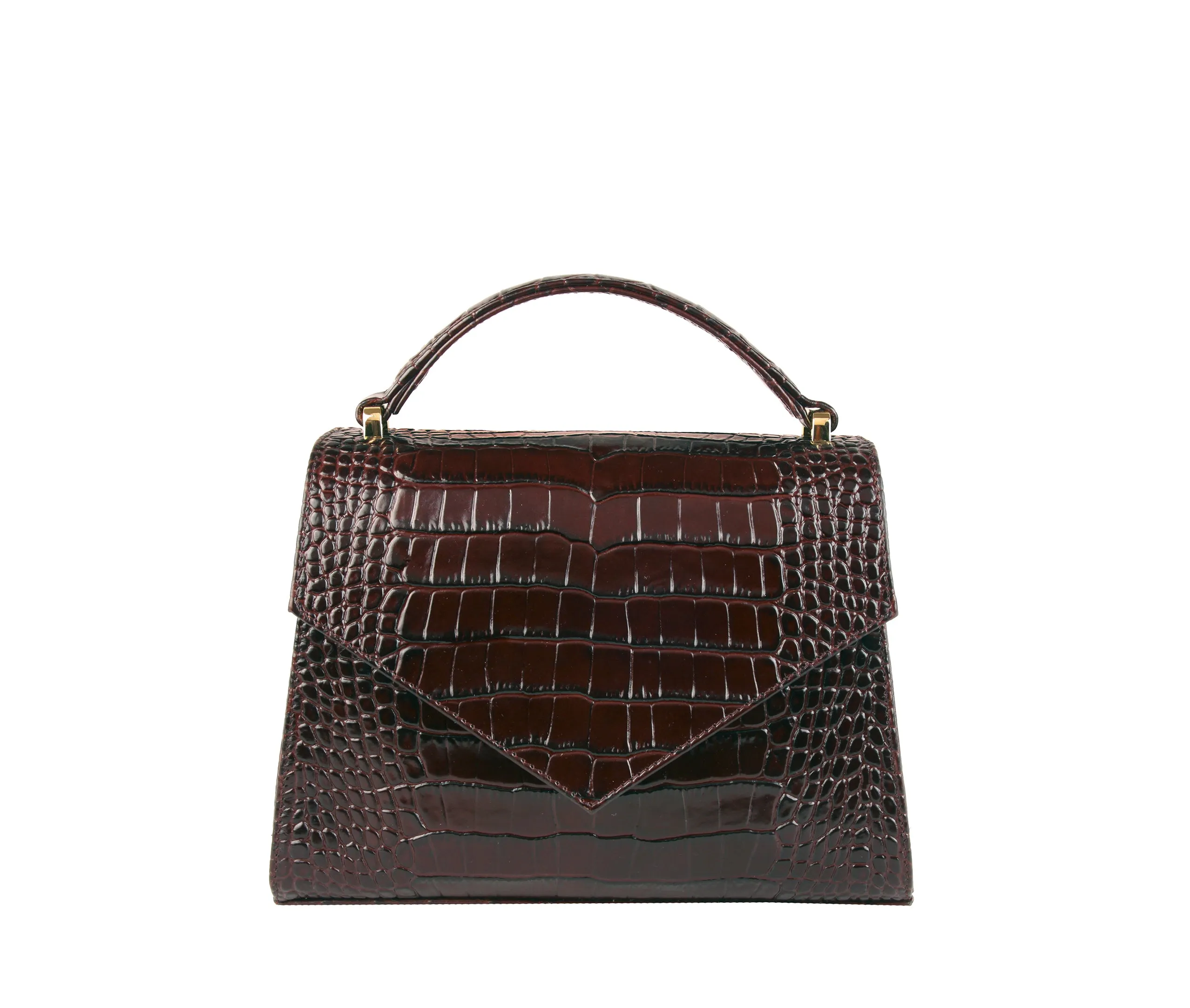 flo&sue Brown Croc-effect embossed Italian leather Top Handle