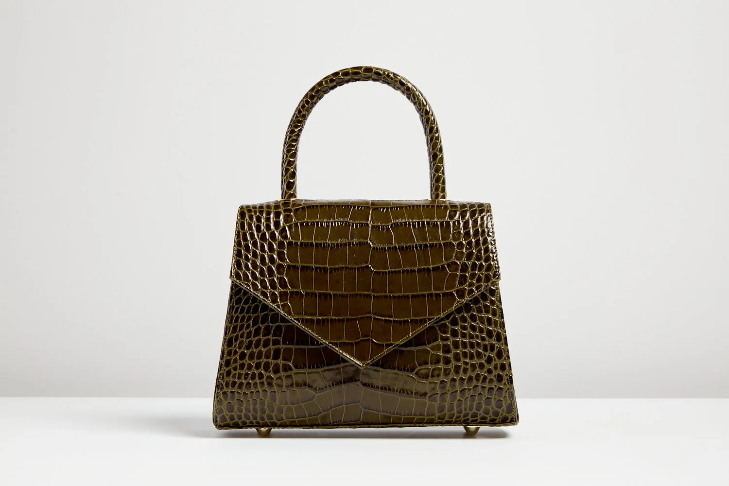 flo&sue olive green croc-effect embossed Italian leather top handle bag