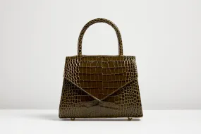 flo&sue olive green croc-effect embossed Italian leather top handle bag