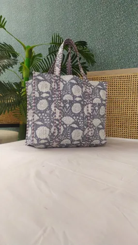 Grey Jute Handblock Printed Quilted Tote Bag Without Zip