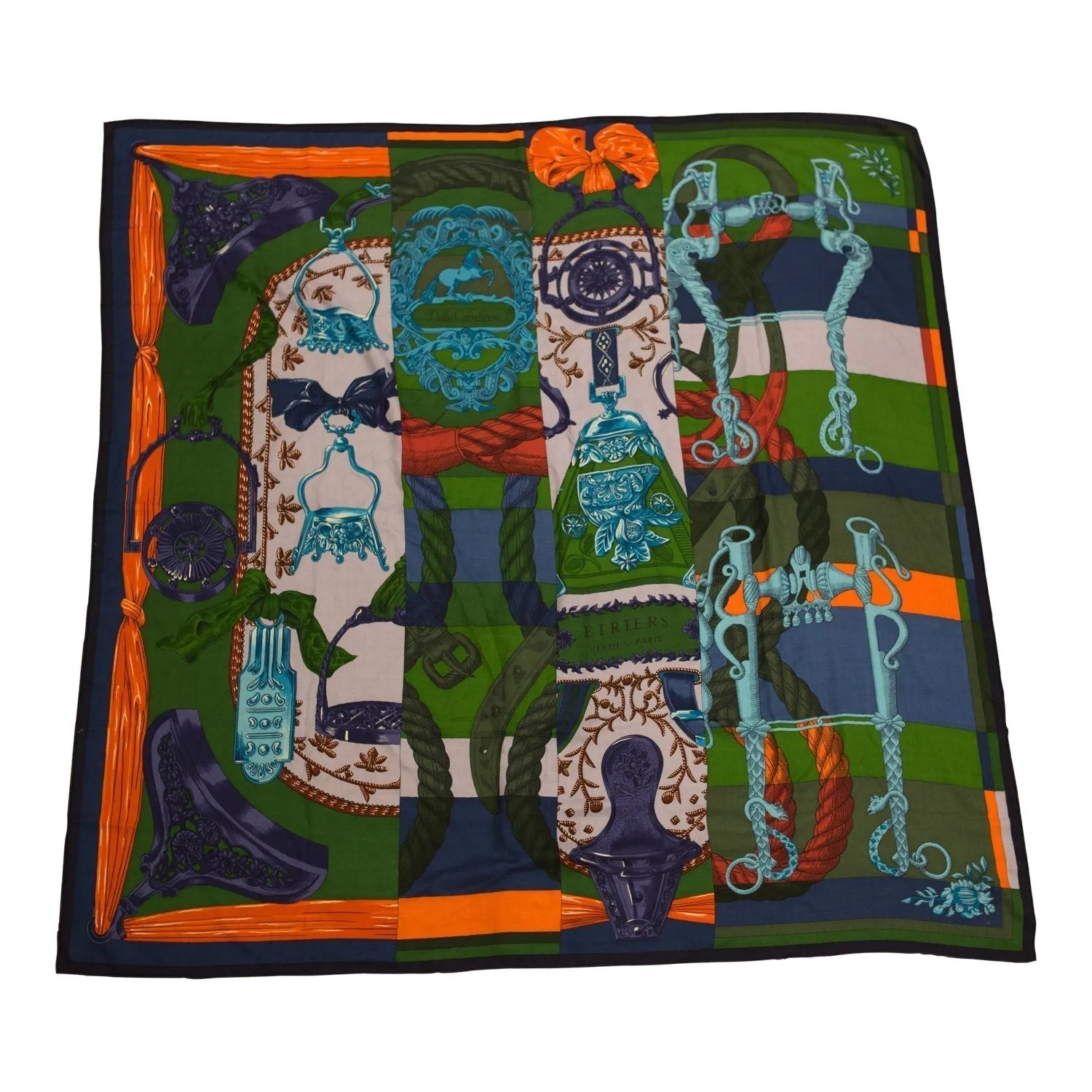 Hermes "Della Cavalleria" Green Cashmere and Silk Shawl Scarf 140cm