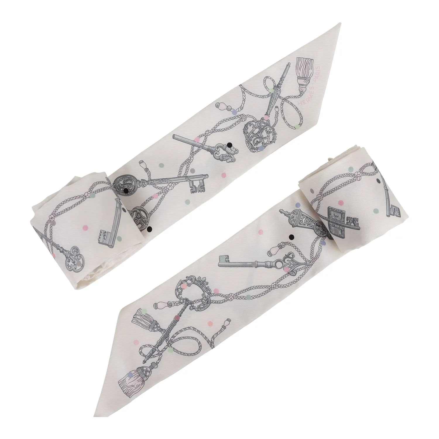 Hermes "Les Cles A Pois" White Silk Twilly Pair