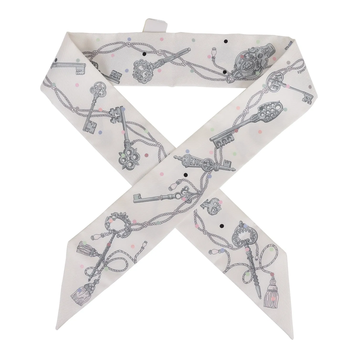 Hermes "Les Cles A Pois" White Silk Twilly Pair