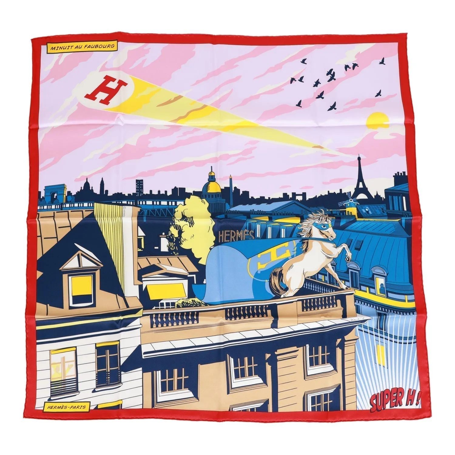 Hermes "Minuit au Faubourg" Rouge Silk Twill Scarf 70cm