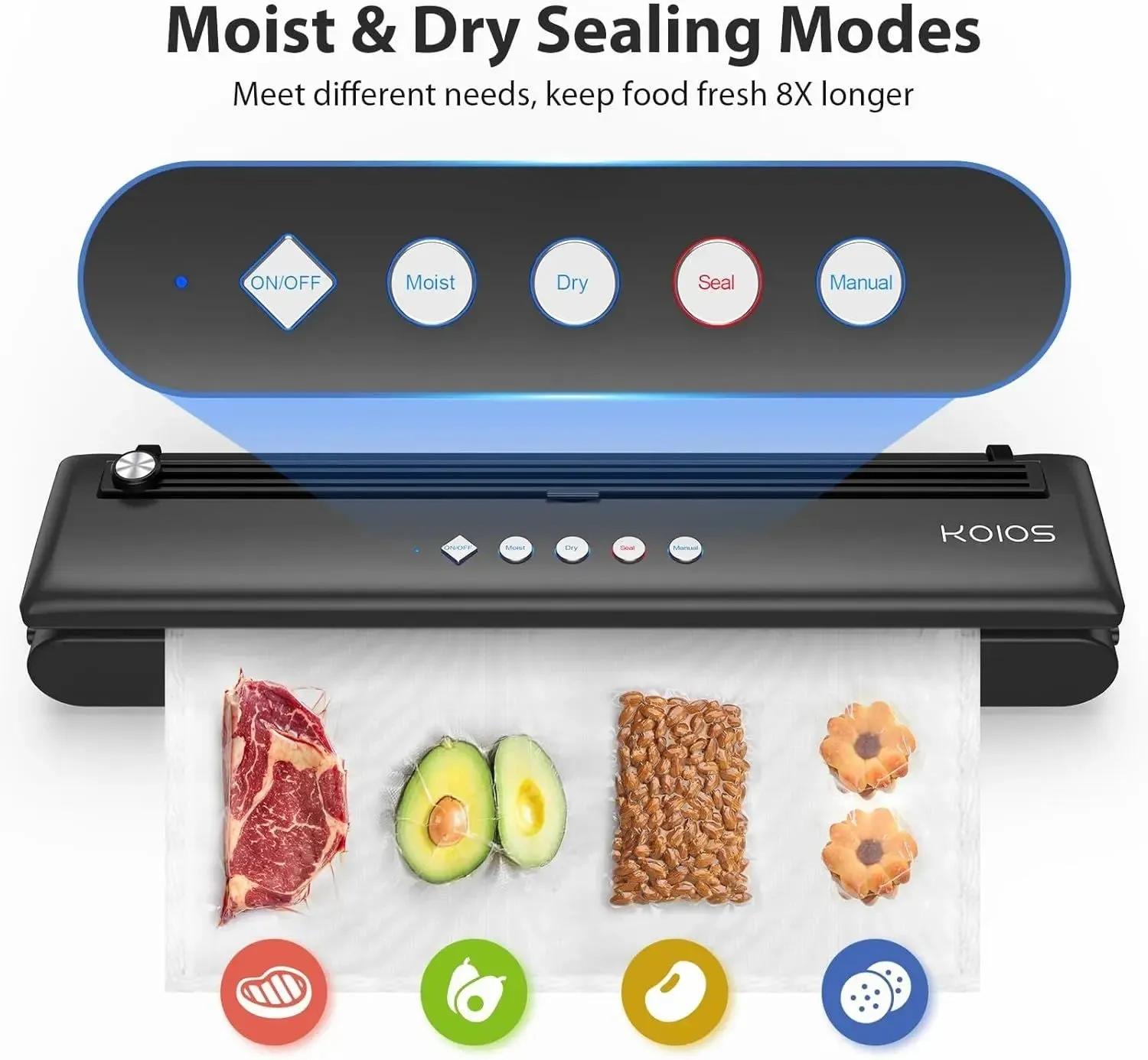 KOIOS Vacuum Automatic Food Sealer with Cutter, Dry & Moist Modes, Compact Design with 10 Sealing Bags & Air Suction Hose