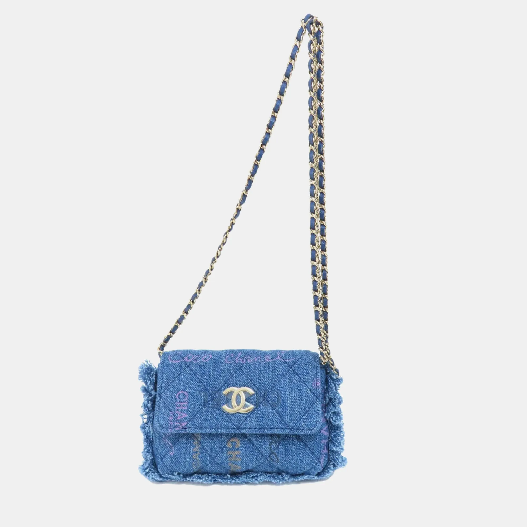 Logo Printed Quilted Fringe Denim Mood Flap Clutch with Chain