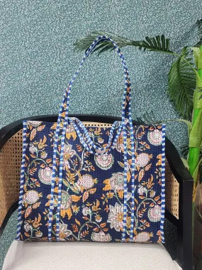 Navy Blue Jute Handblock Printed Tote Bag Without Zip