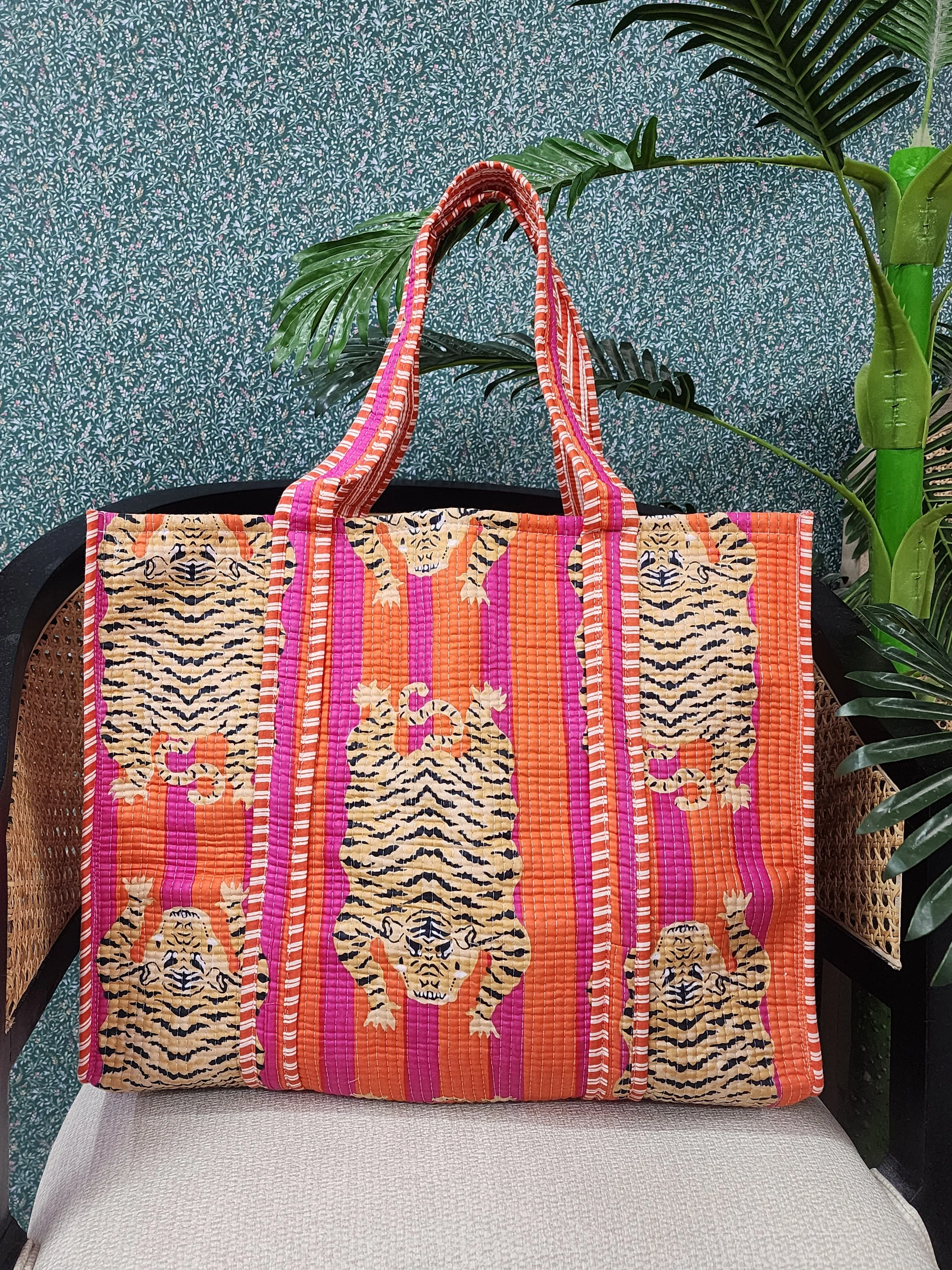 Orange Jute Handblock Print Quilted Tote Bag Without Zip