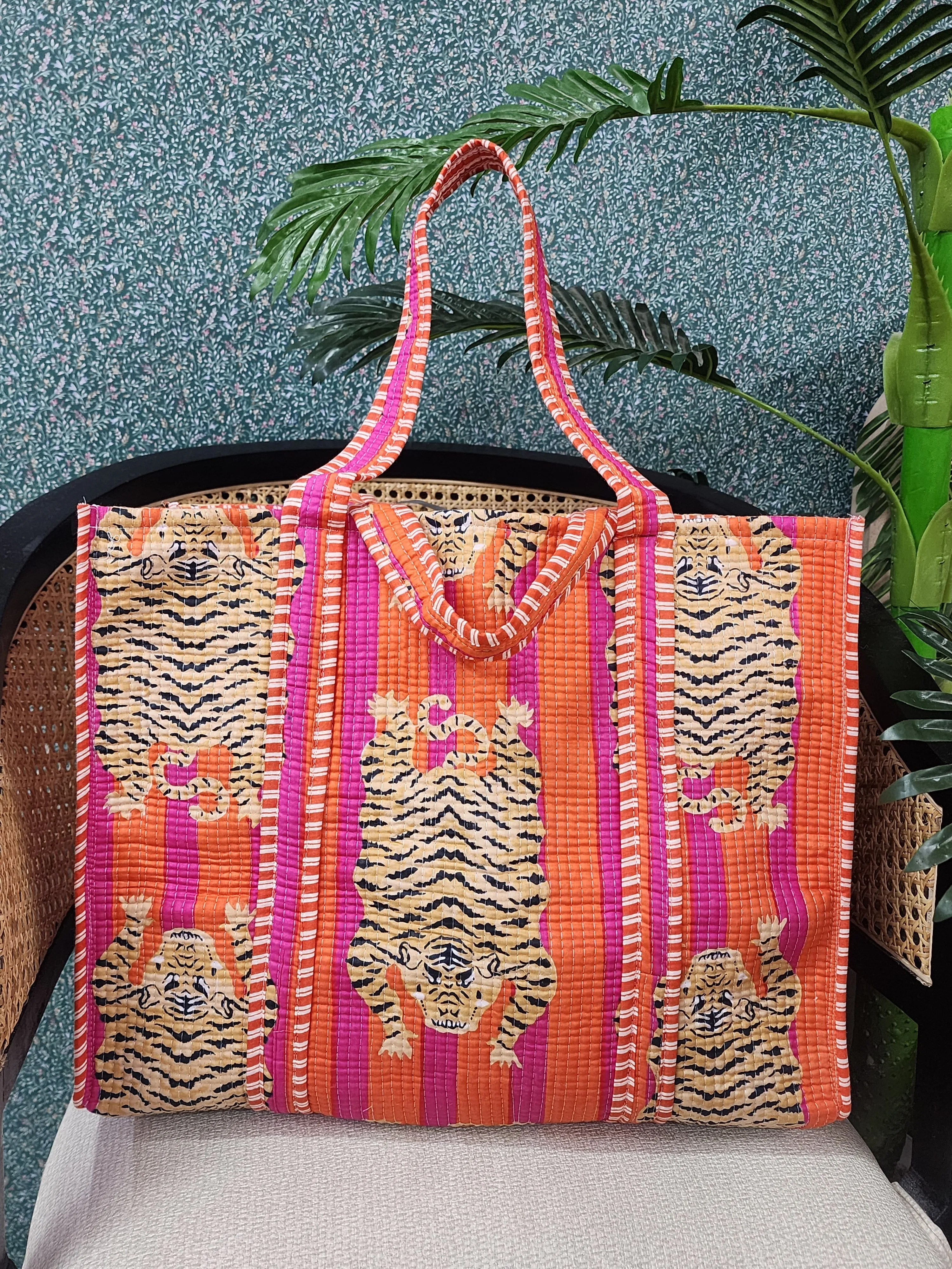 Orange Jute Handblock Print Quilted Tote Bag Without Zip