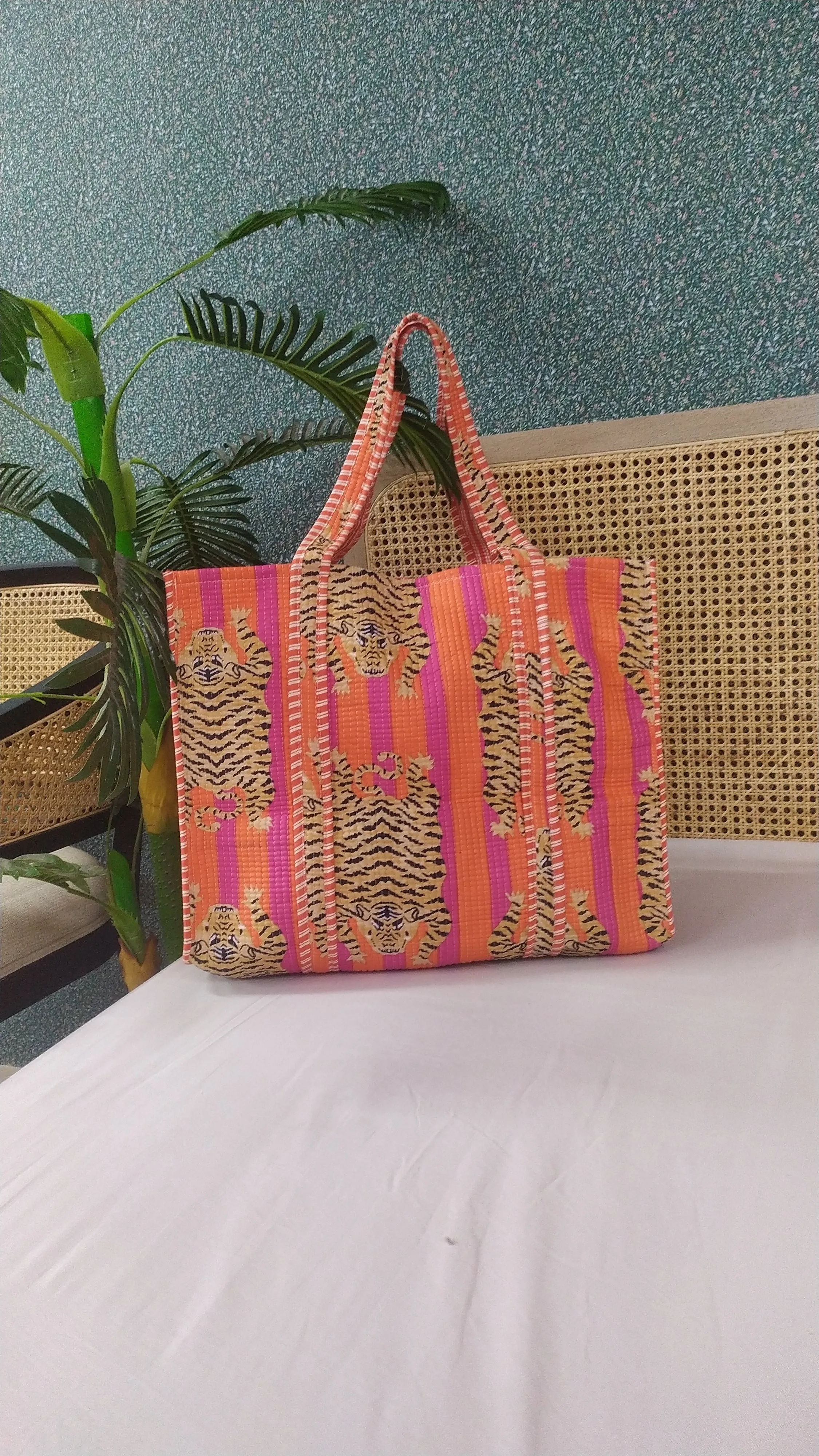 Orange Jute Handblock Print Quilted Tote Bag Without Zip