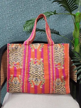 Orange Jute Handblock Print Quilted Tote Bag Without Zip