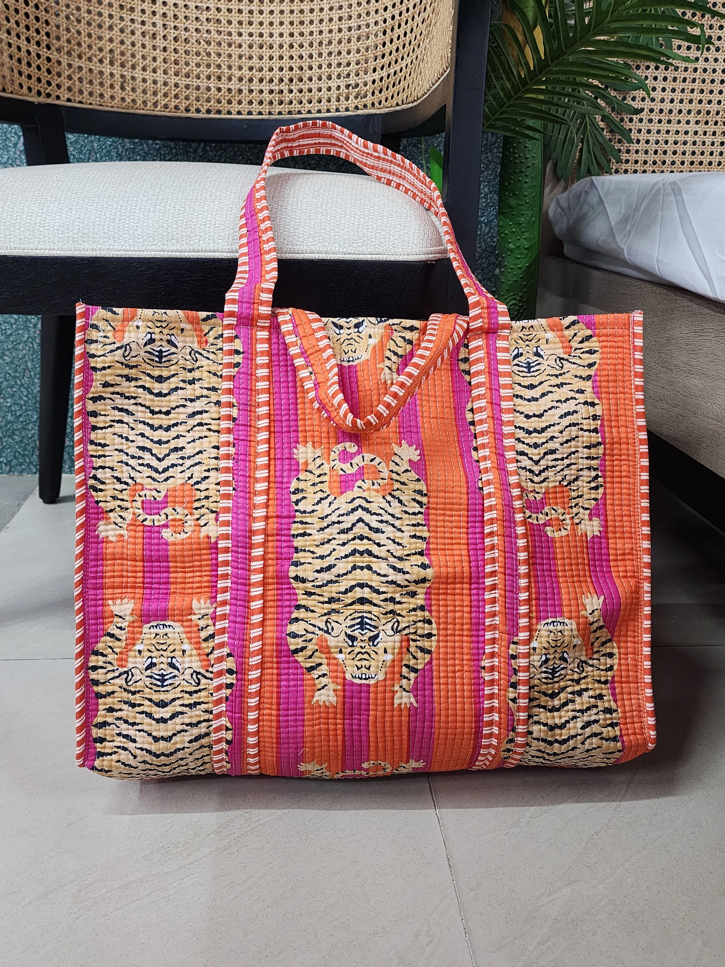 Orange Jute Handblock Print Quilted Tote Bag Without Zip