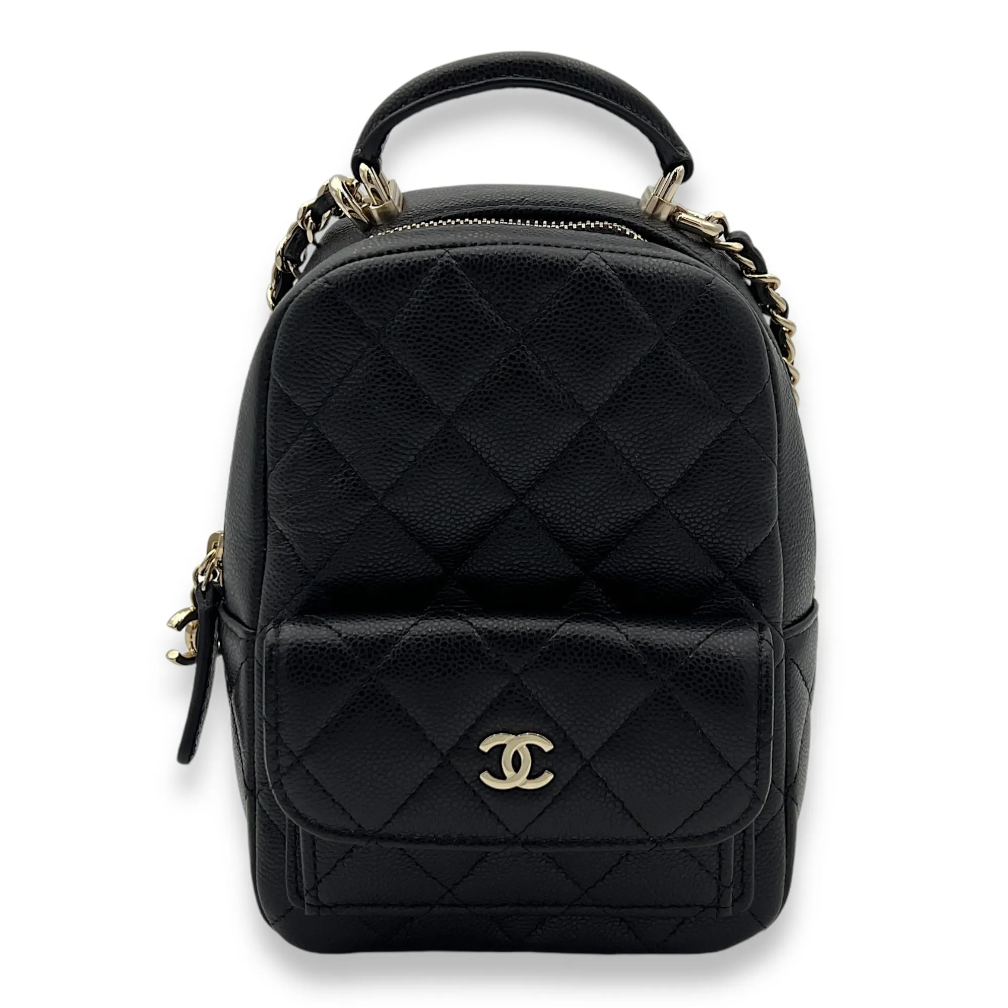 Quilted Backpack Black in Caviar Leather, Light Gold hardware