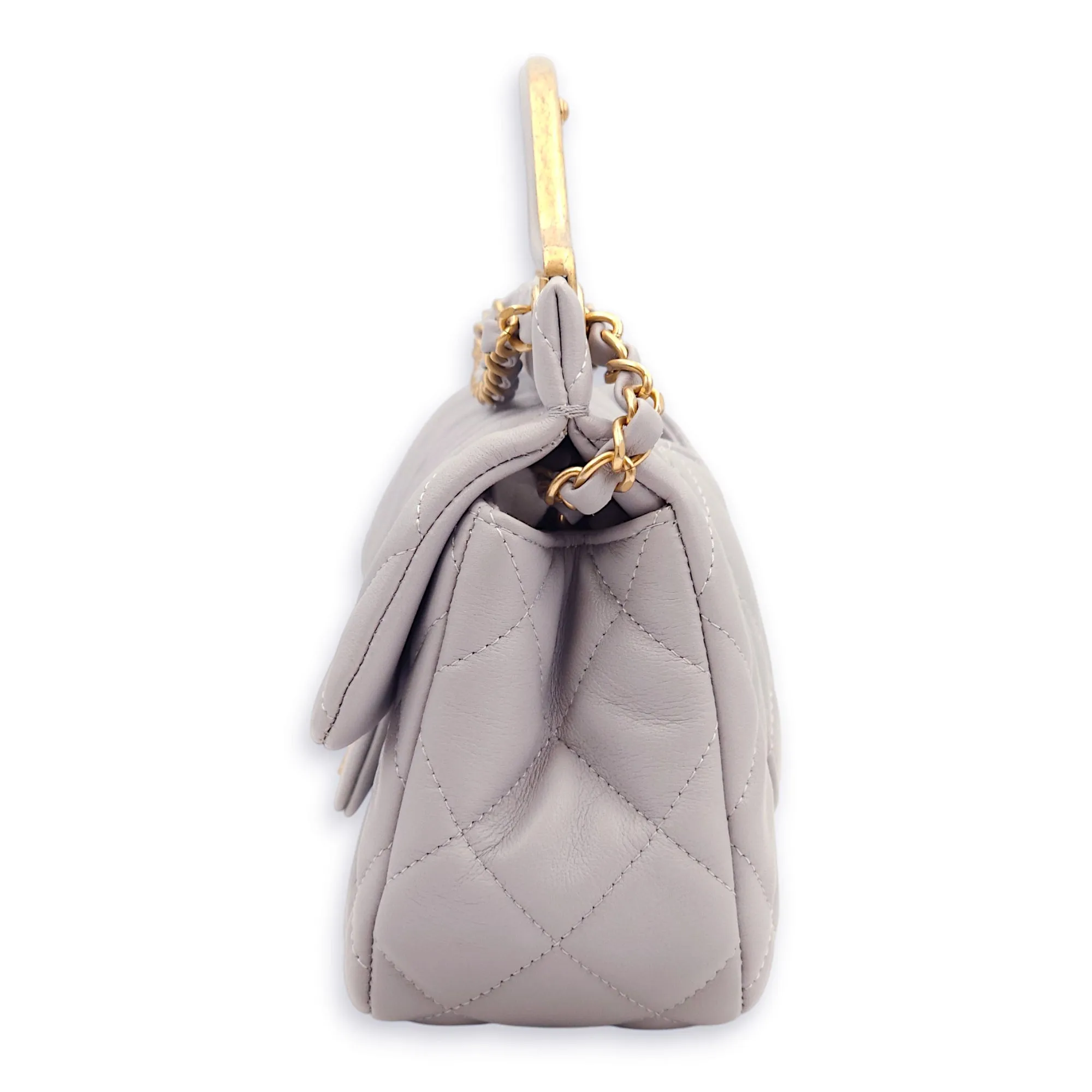 Quilted Grey Top Handle Bag in Lambskin, Gold hardware