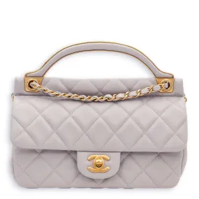 Quilted Grey Top Handle Bag in Lambskin, Gold hardware