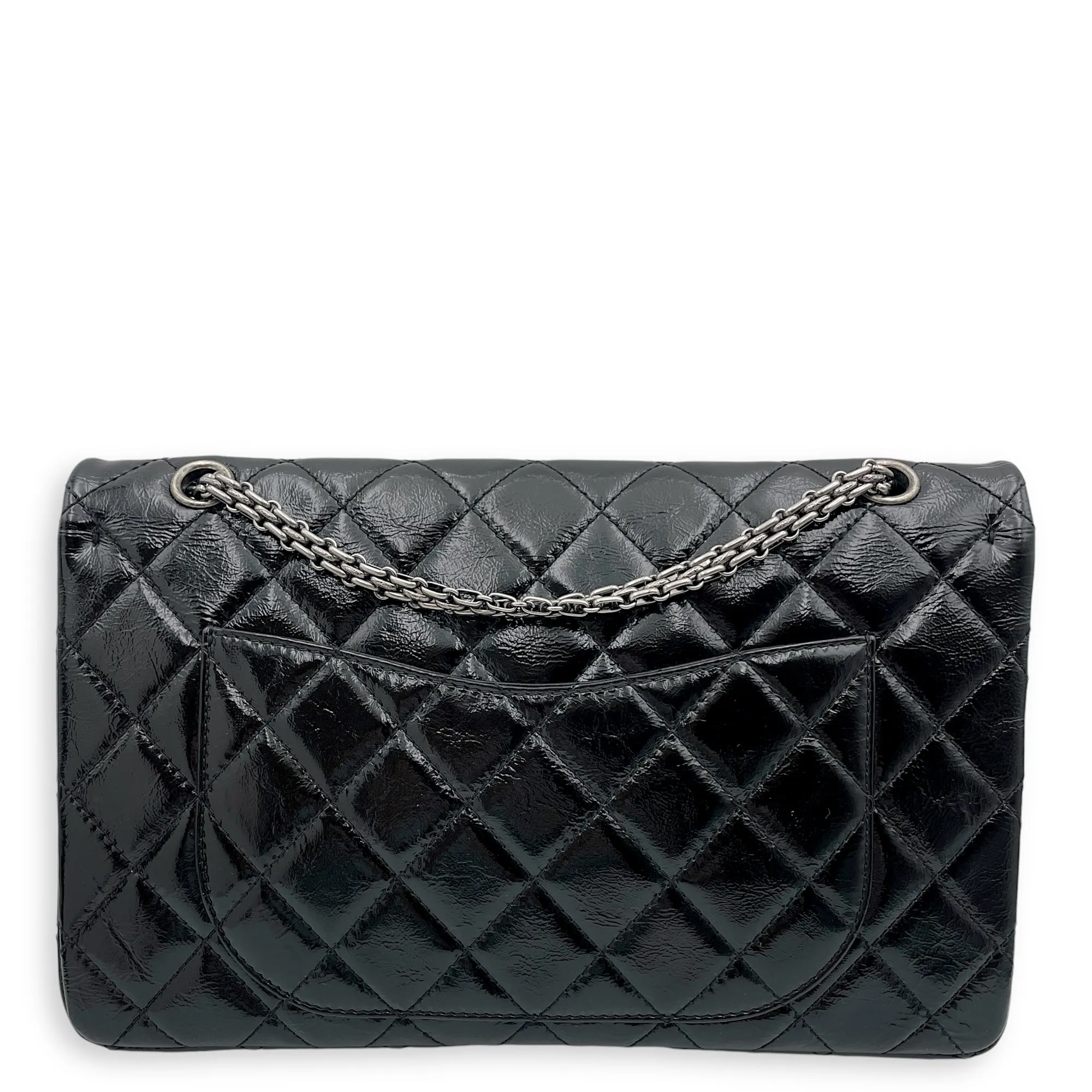 Quilted Reissue Flap 31x20x9cm Black Shoulder Bag in Patent Leather, Ruthenium-finish Brass hardware