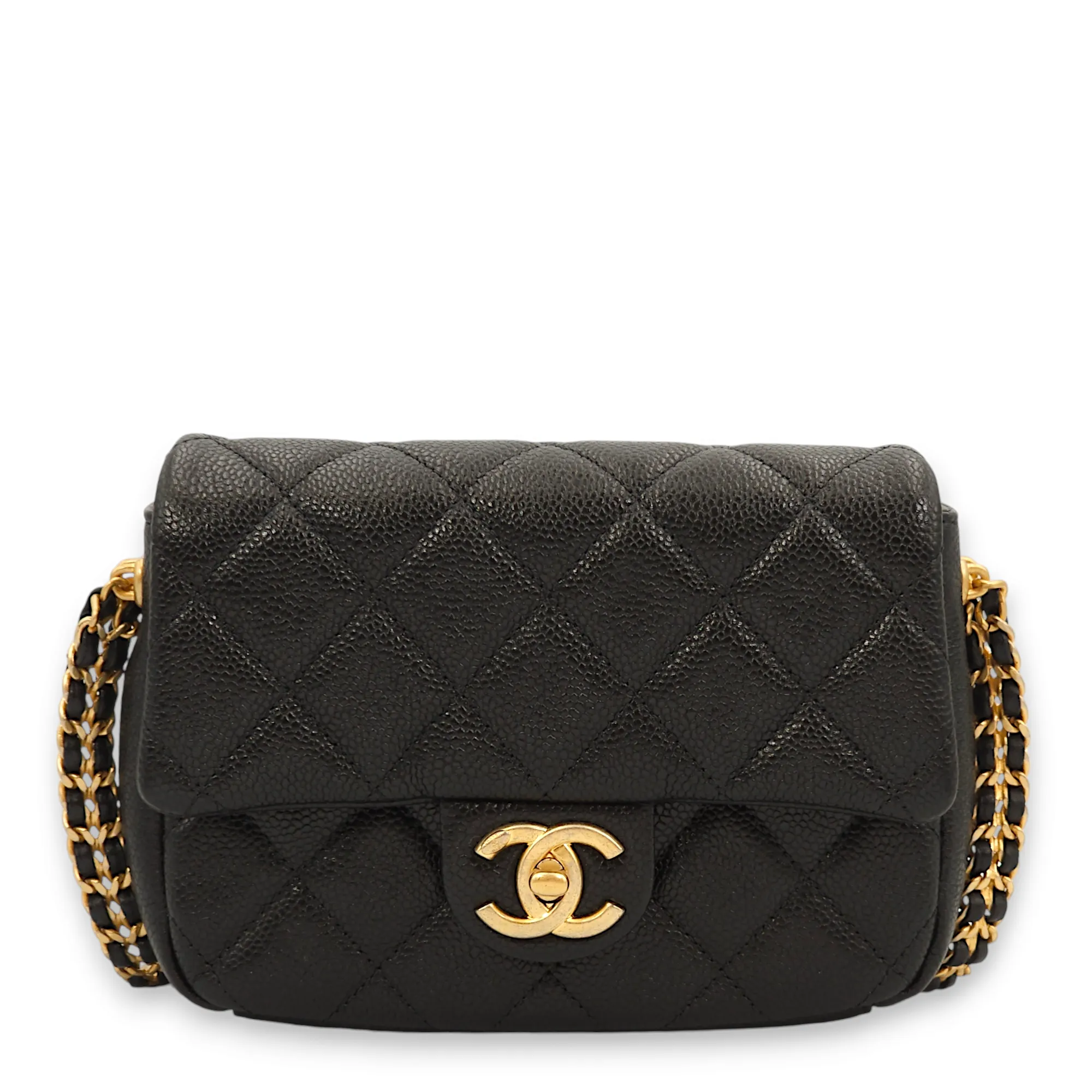 Quilted Seasonal Flap with Coco Medallion Charm Black Crossbody Bag in Caviar Leather, Gold hardware