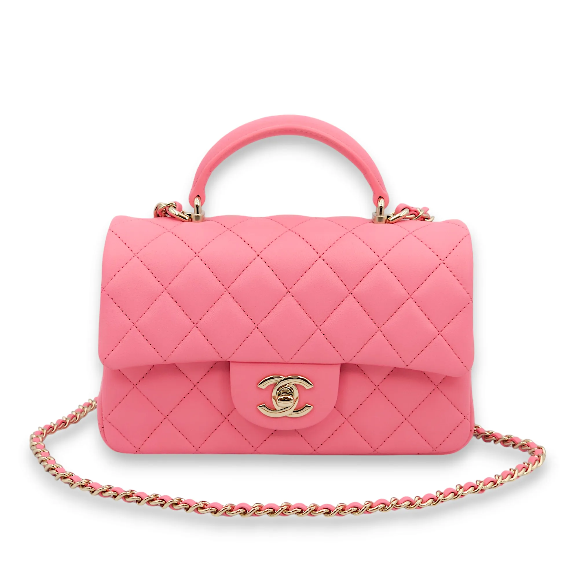 Rectangle (Quilted) Mini Pink Top Handle Bag in Lambskin, Gold hardware