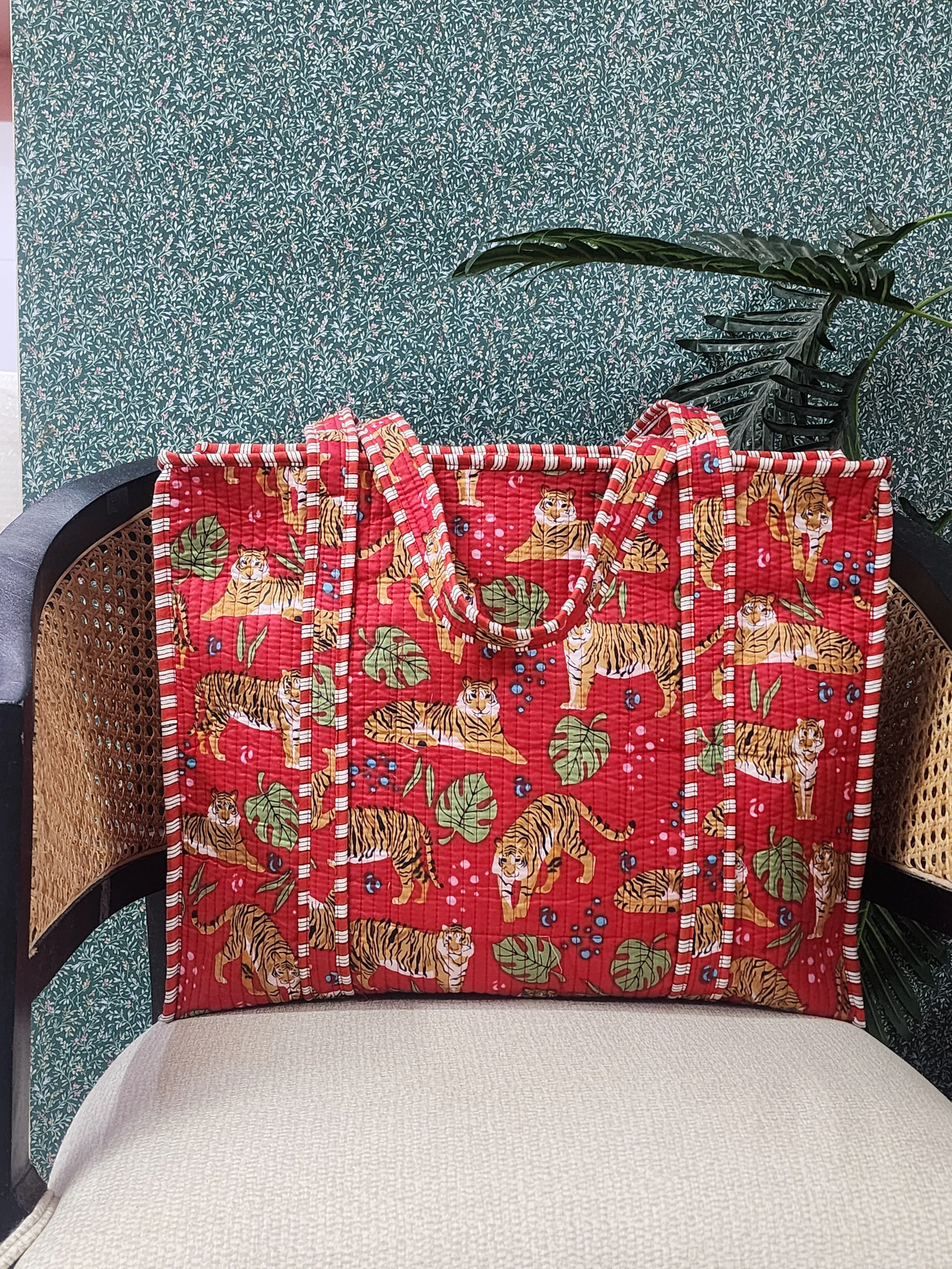 Red Jute Handblock Printed Tote Bag With Concealed Zip