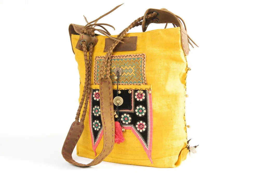 Sabrina - Vintage Shoulder Bag in Turmeric Gold Hemp & Vintage Hmong Tribal Fabric